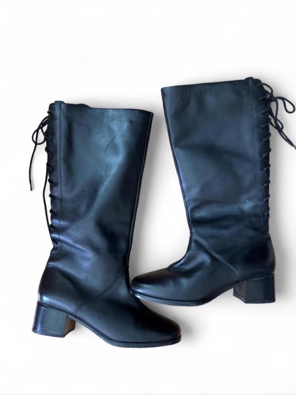 David Tate Black leather knee-high boots with lace-up detail, size US 9